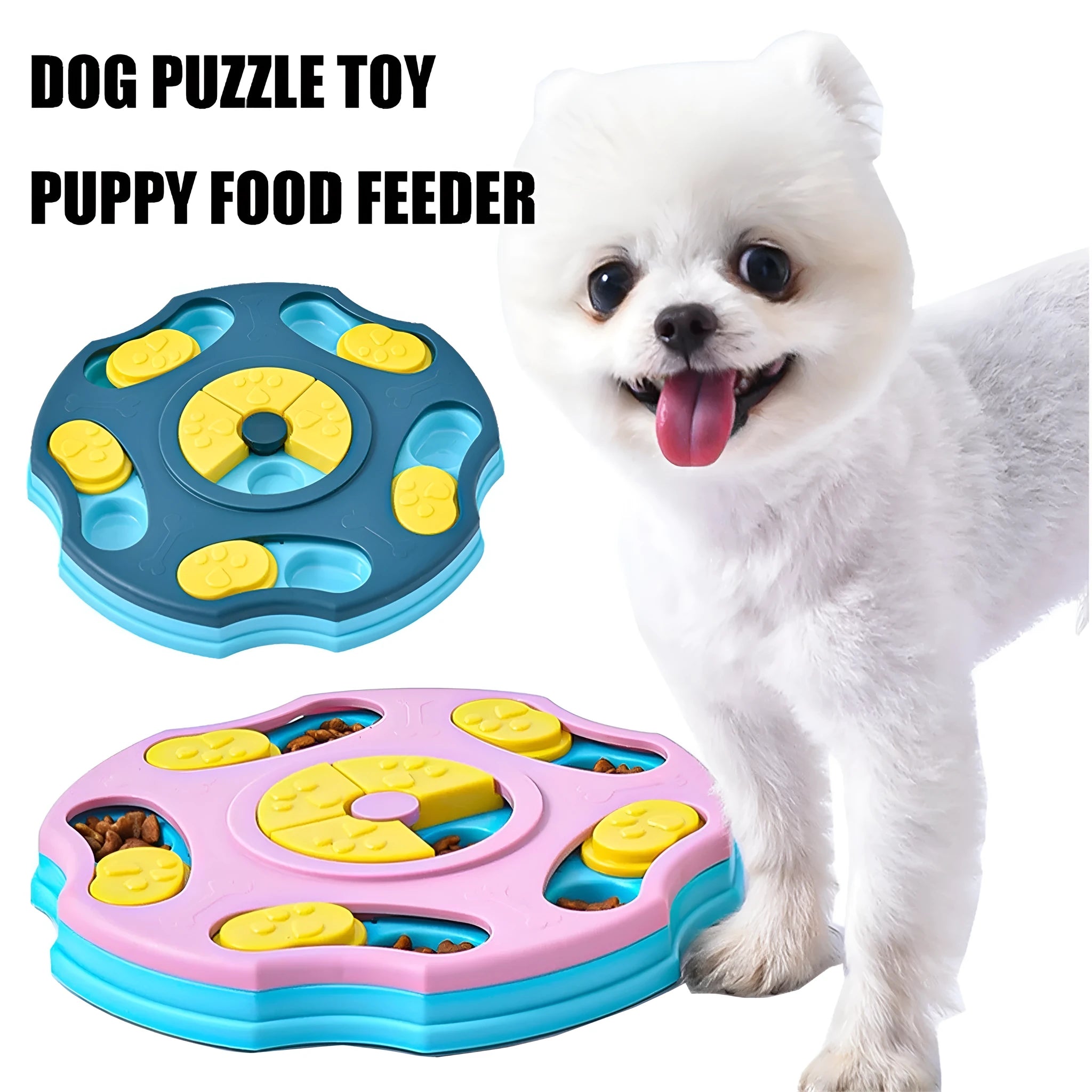 Blue dog puzzle feeder bowl with movable compartments for food-searching games and mental stimulation