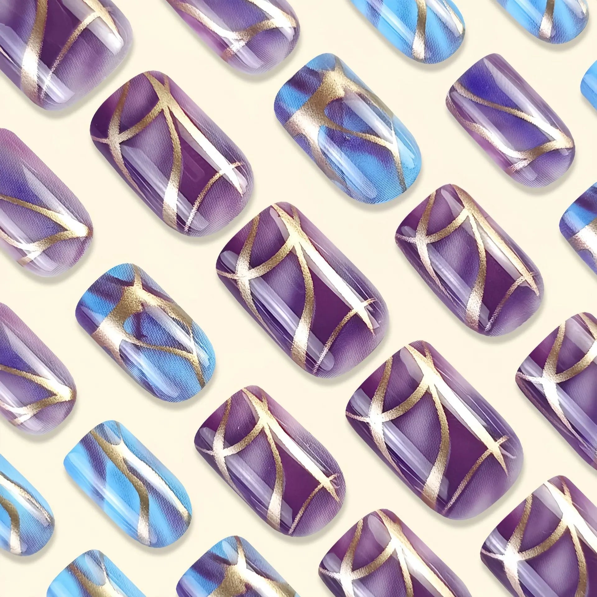 Purple striped self-adhesive nail stickers in medium length European and American style design