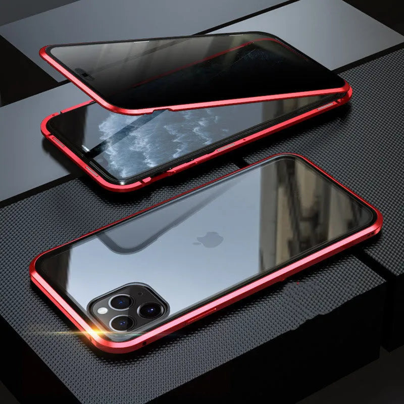 Anti-spy glass clamshell phone case in geometric design for iPhone, shown in multiple colour options