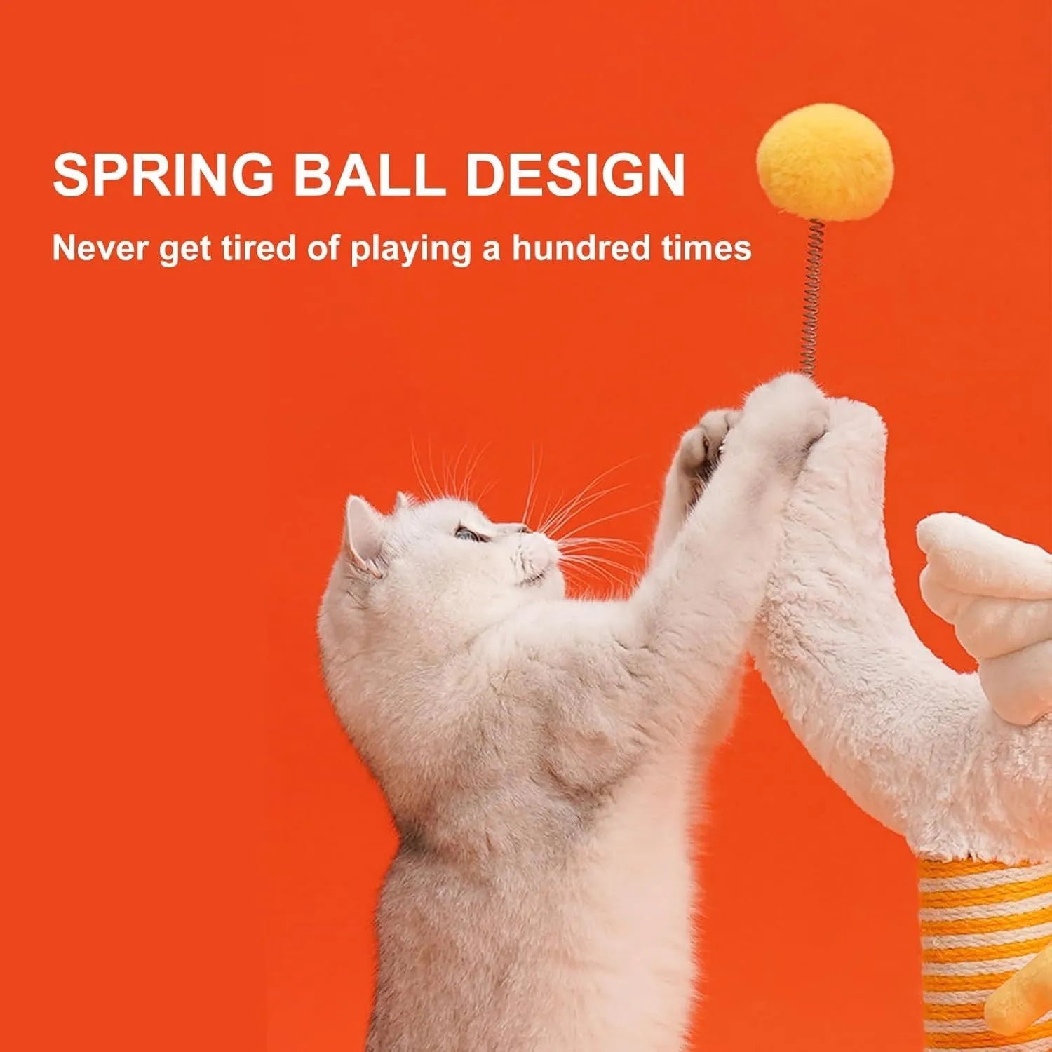 Yellow sisal vertical cat scratching post with chicken strip design and spring ball, 35cm wide and 88cm tall.