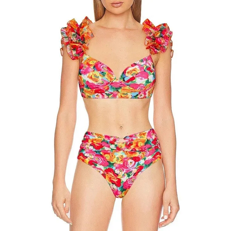 Women's floral push up bikini with high waist split design and quick-drying fabric