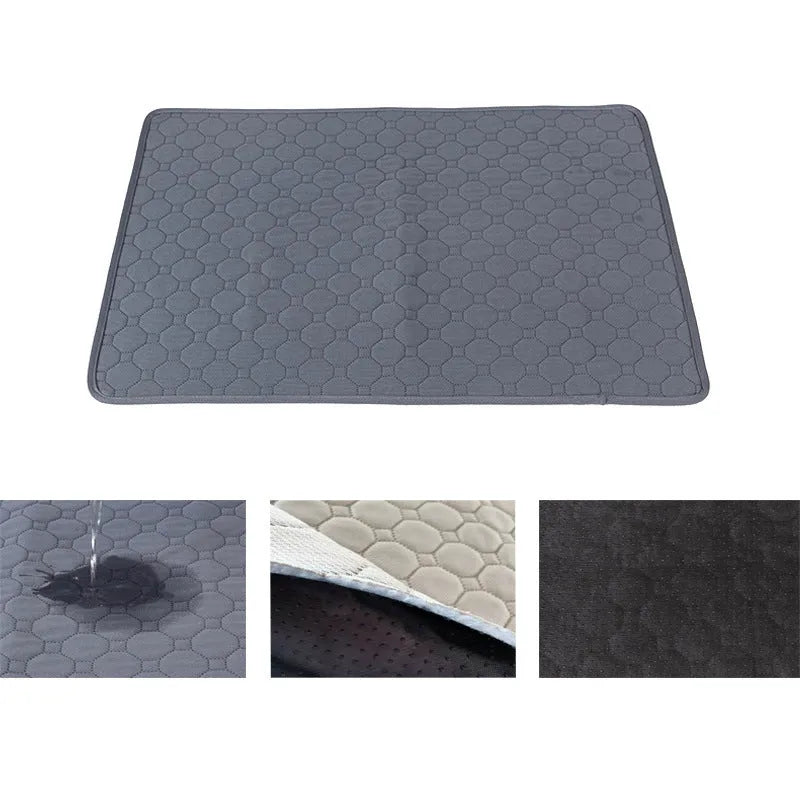 Pet Parents grey and khaki washable dog pee pads in multiple sizes on a wooden floor.