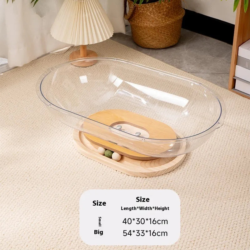 Transparent acrylic space capsule cat bed with wooden base in multiple size options