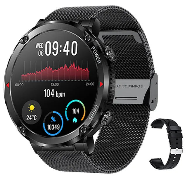 T30 Smart Watch with black silicone strap on a wrist, showing a large circular screen displaying health metrics.