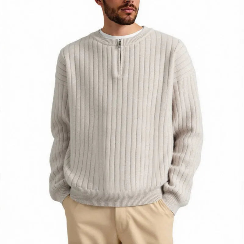 Men's grey half zip sweater with texture knit fabric and loose fit design