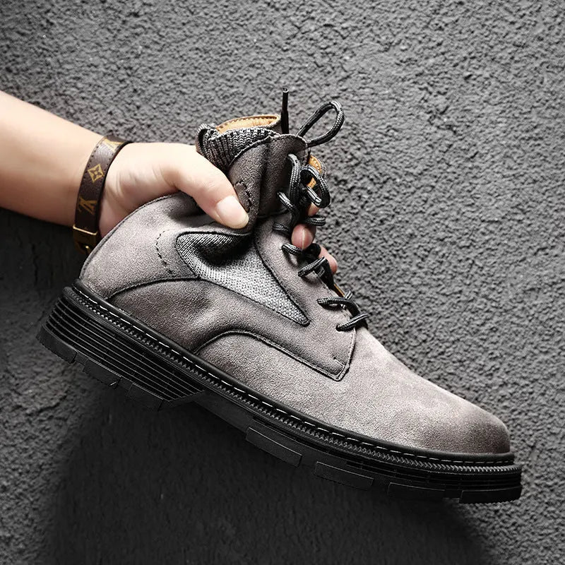 Men's vintage Martin boots with frosted leather texture and low thick rubber heel