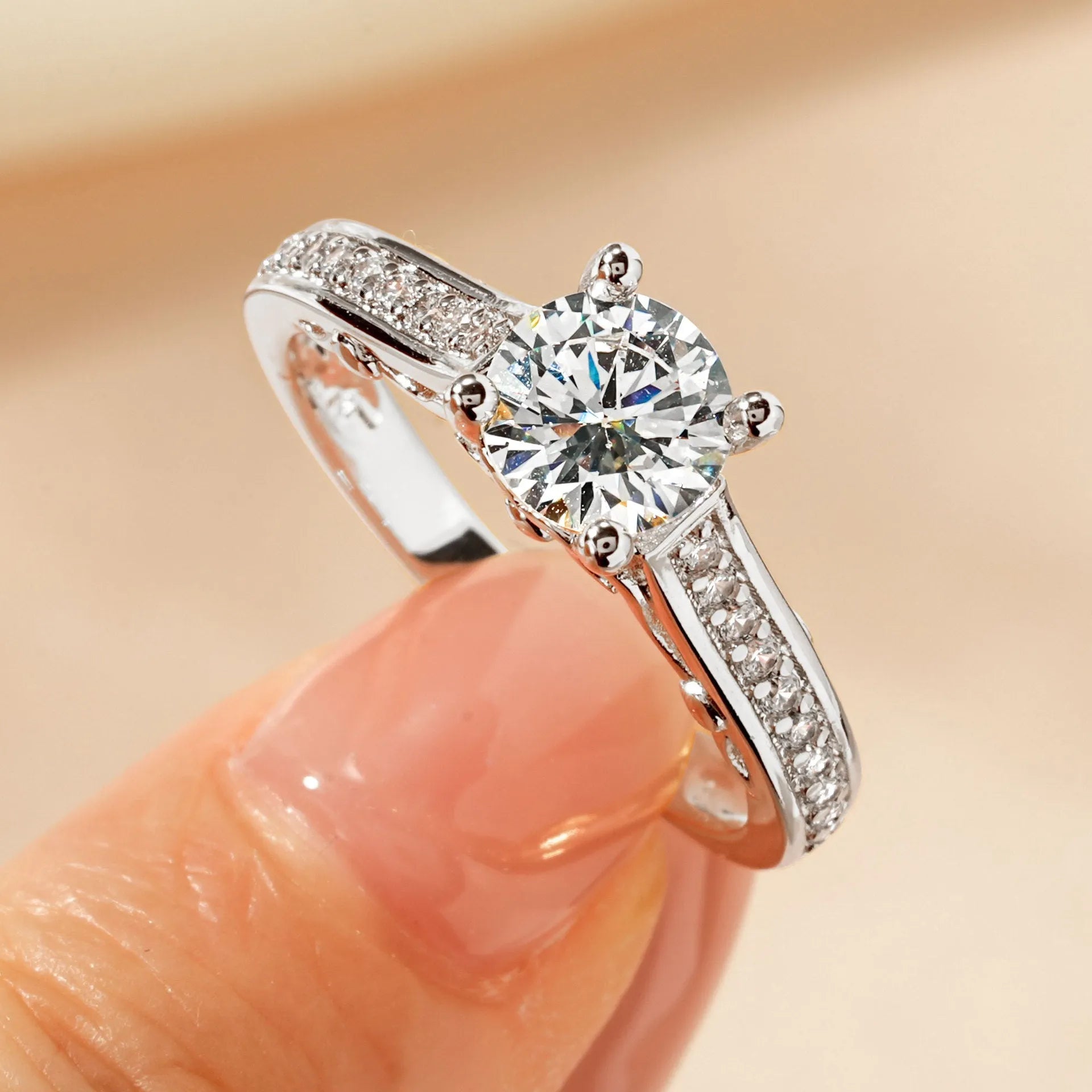 Women's geometric zircon ring in copper with electroplated finish, available in heart, split-arm, and star designs