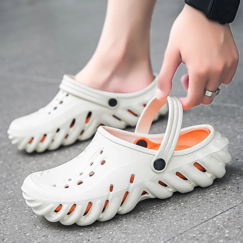 Men's beige ventilated EVA slipper sandals with round toe and non-slip sole pattern