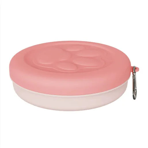 Portable dog food and water bowl shown in light pink and green, available in two-colour or single-colour design and S or L sizes.