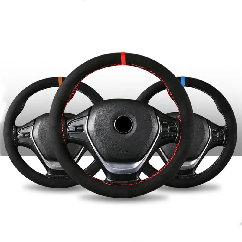 Suede steering wheel cover in various colours with contrast stitching for 38cm diameter steering wheels