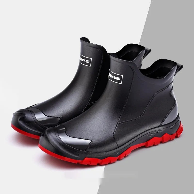 Men's short tube PVC rubber boots in beige, black, and black-red colours with non-slip sole