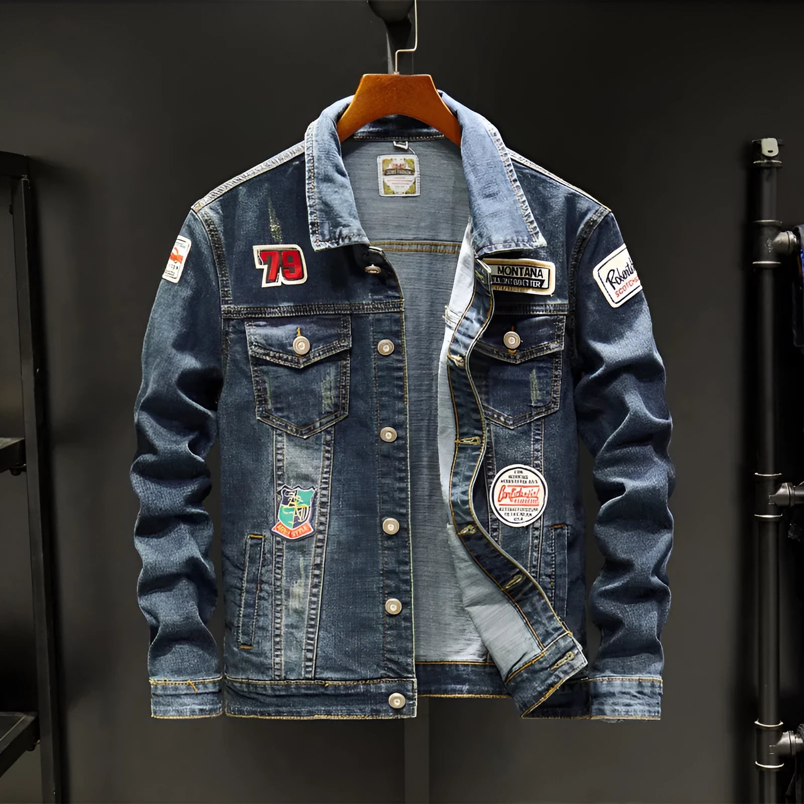Plus size men's cotton denim jacket in dark blue slim fit with long sleeves round hem