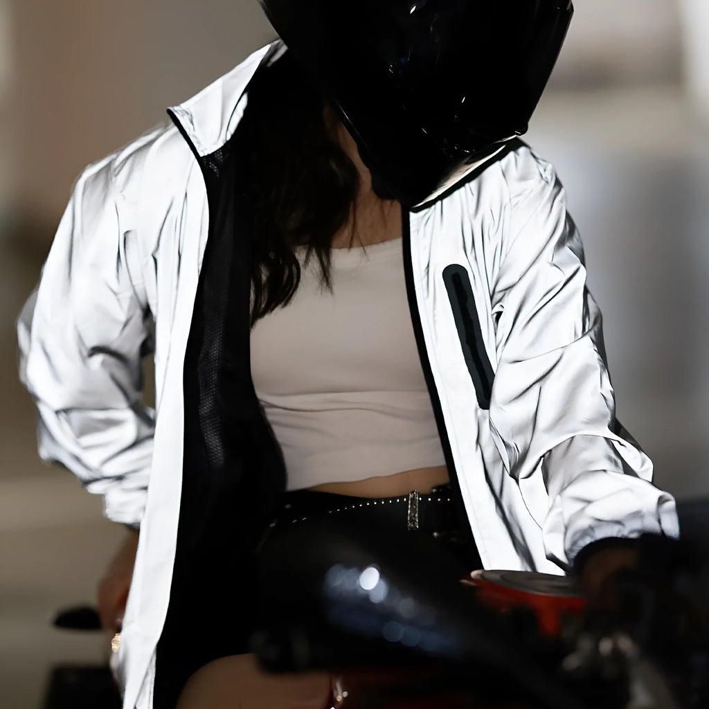 Silver waterproof windproof polyester long sleeve coat showing front view