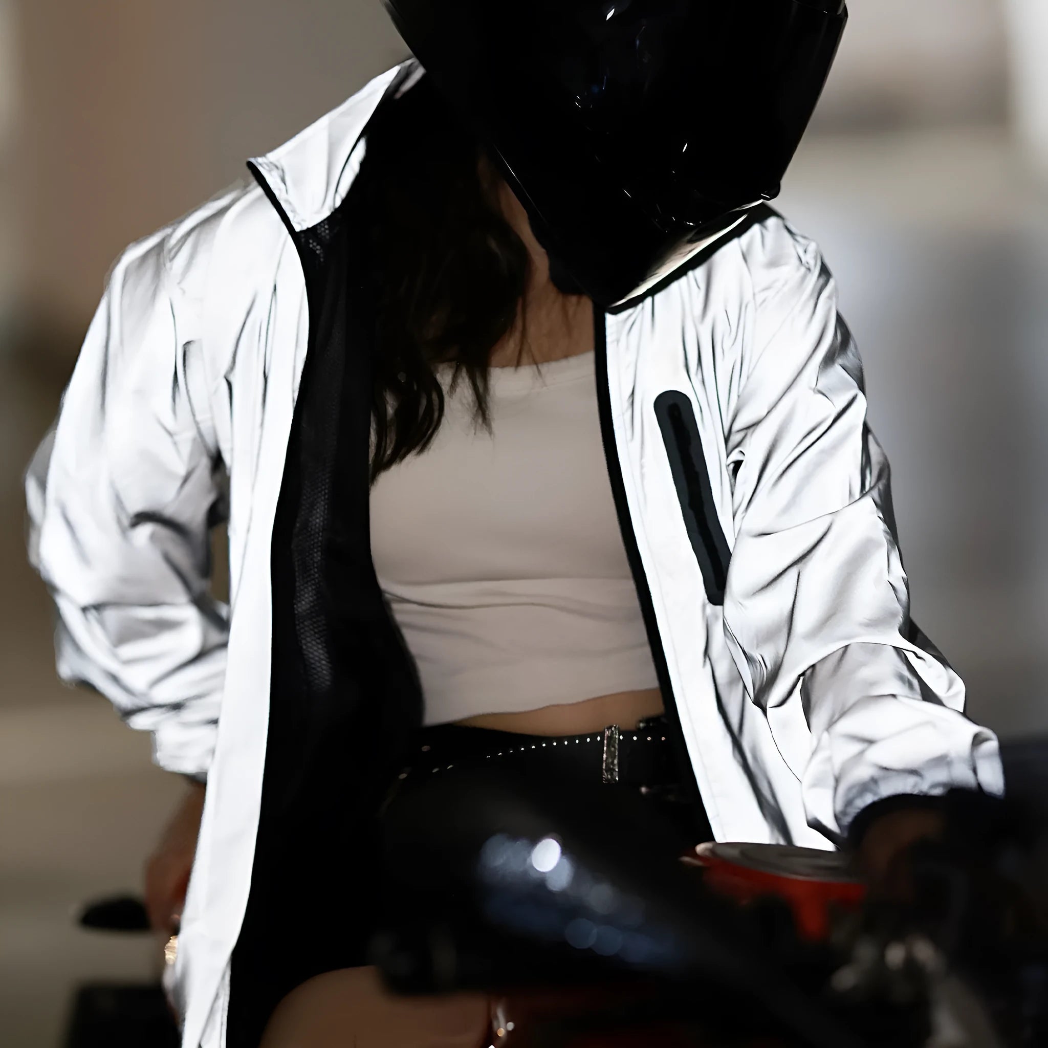 Silver waterproof windproof polyester long sleeve coat showing front view
