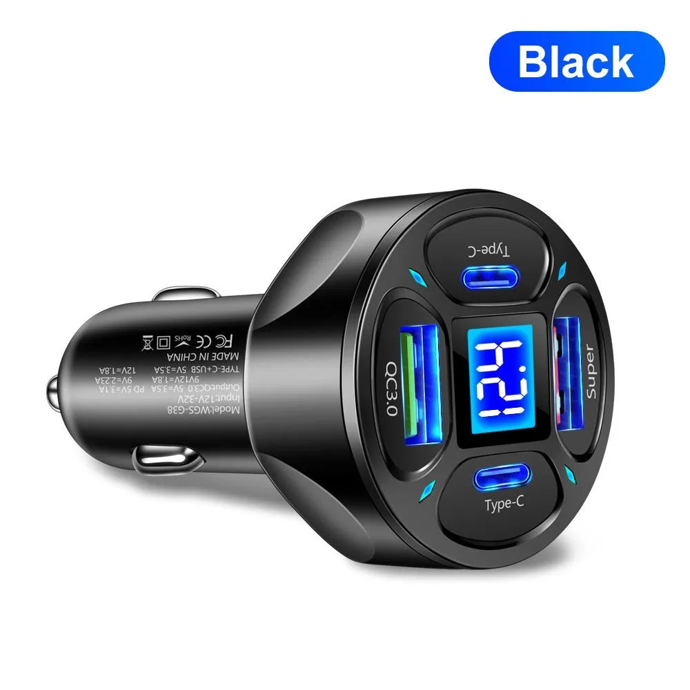 66W digital display car charger with four ports showing voltage readout