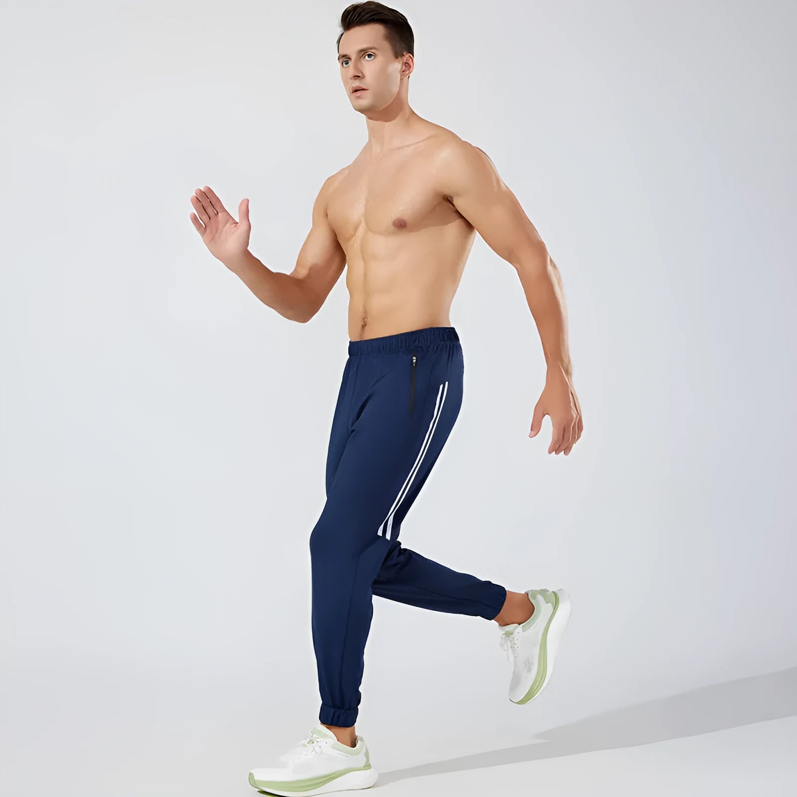 Men's black running trousers with mid-waist design and full-length athletic cut