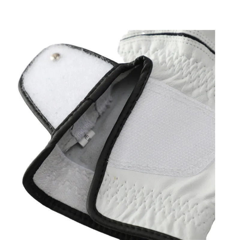 Men's white half sheepskin golf gloves showing palm grip detail and size tags