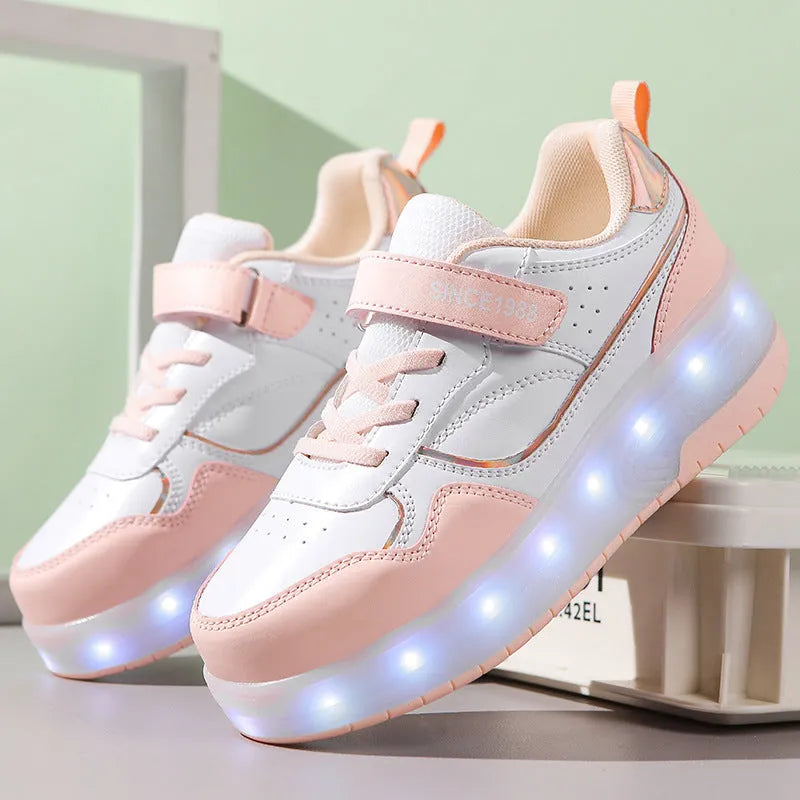 Children's charging flash roller skates with illuminated LED wheels in pink, available in two and four-wheel designs.