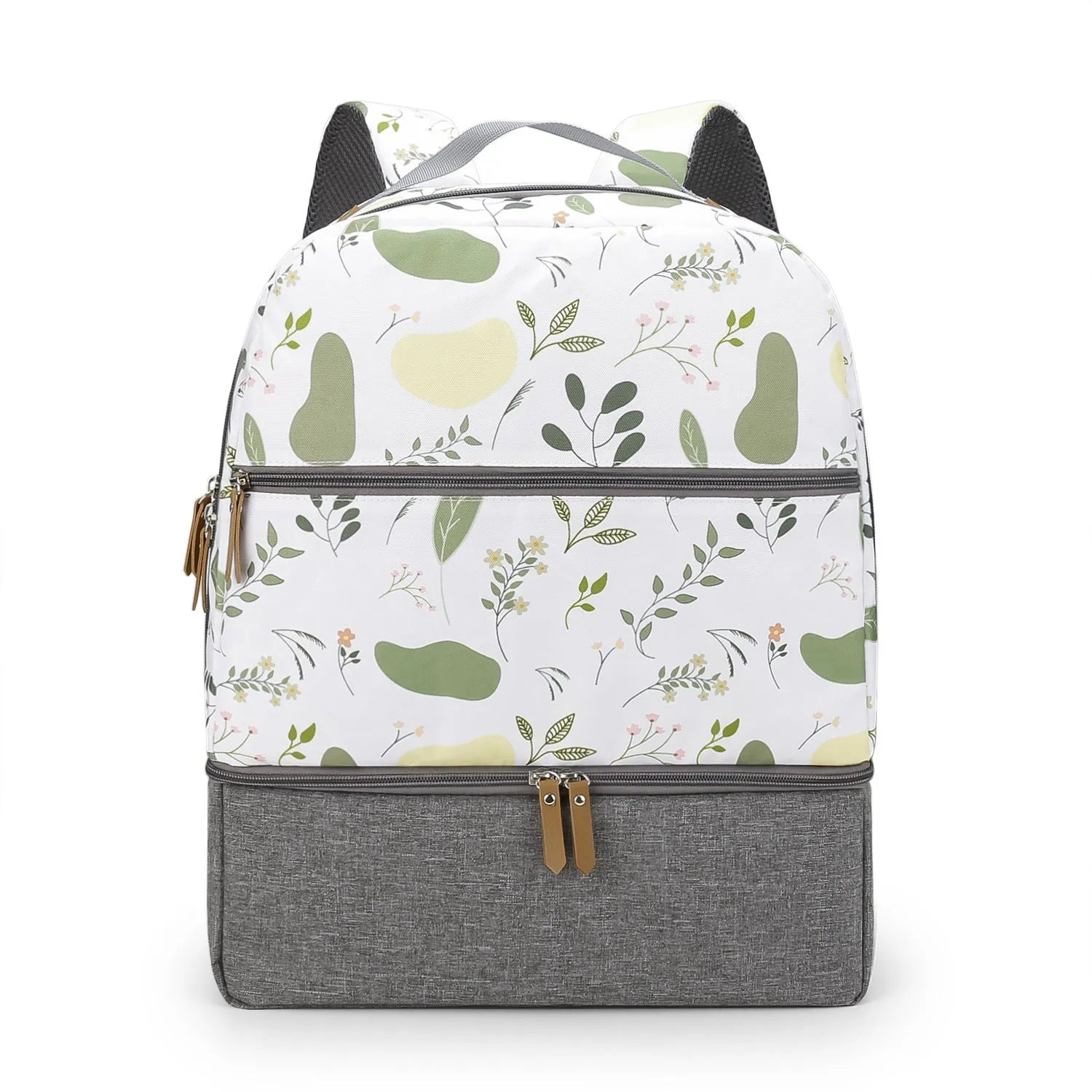Grey insulated mother and child travel backpack with curved straps and multiple compartments.