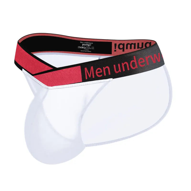 Men's transparent ice silk underwear with large V gradient front in red, black and white colours