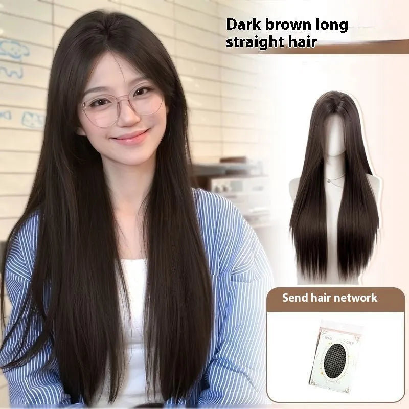 Natural black straight forehead lace wig with styling accessories displayed on bracket