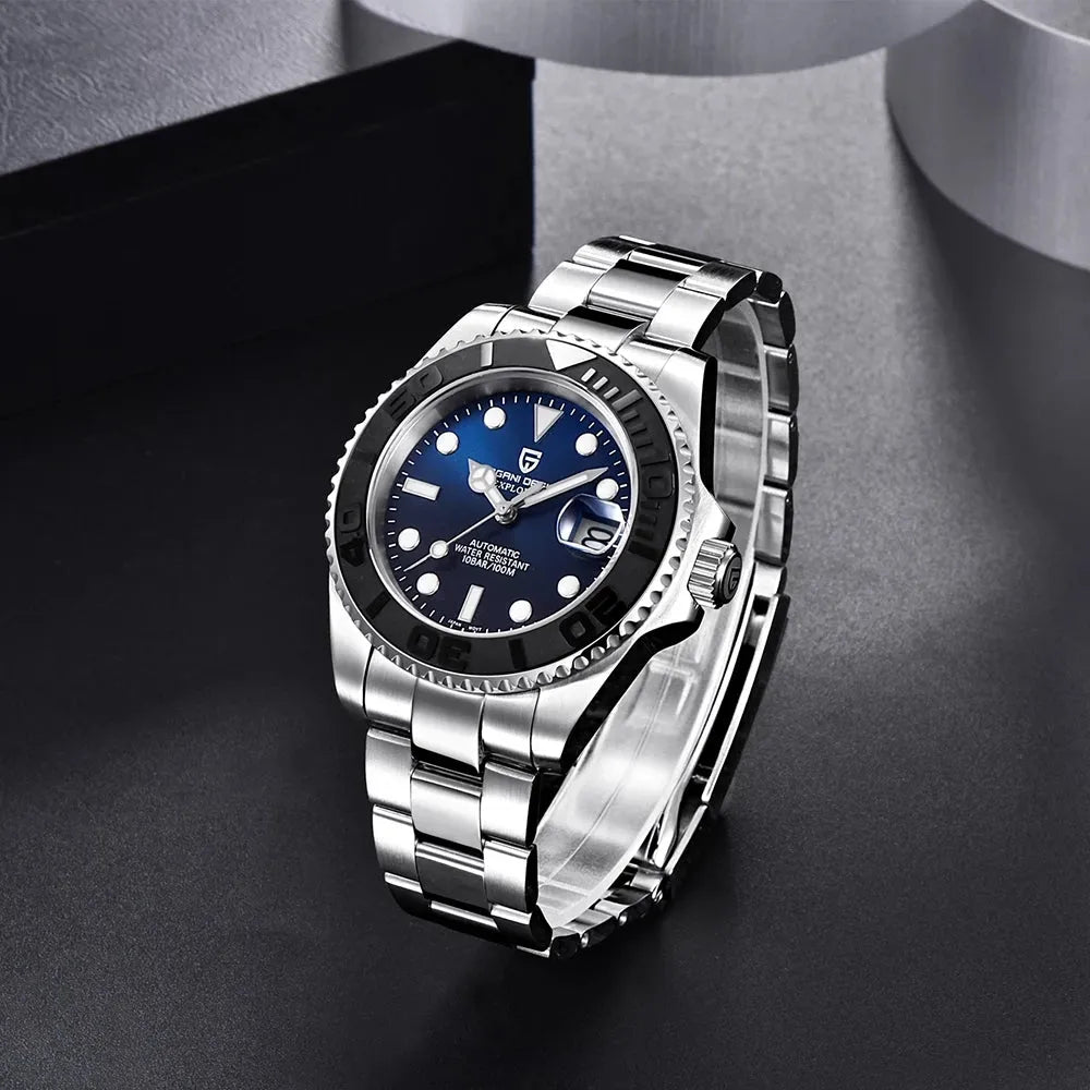 Men's automatic mechanical watch with stainless steel case, 40mm dial, luminous hands, and calendar window on a steel bracelet