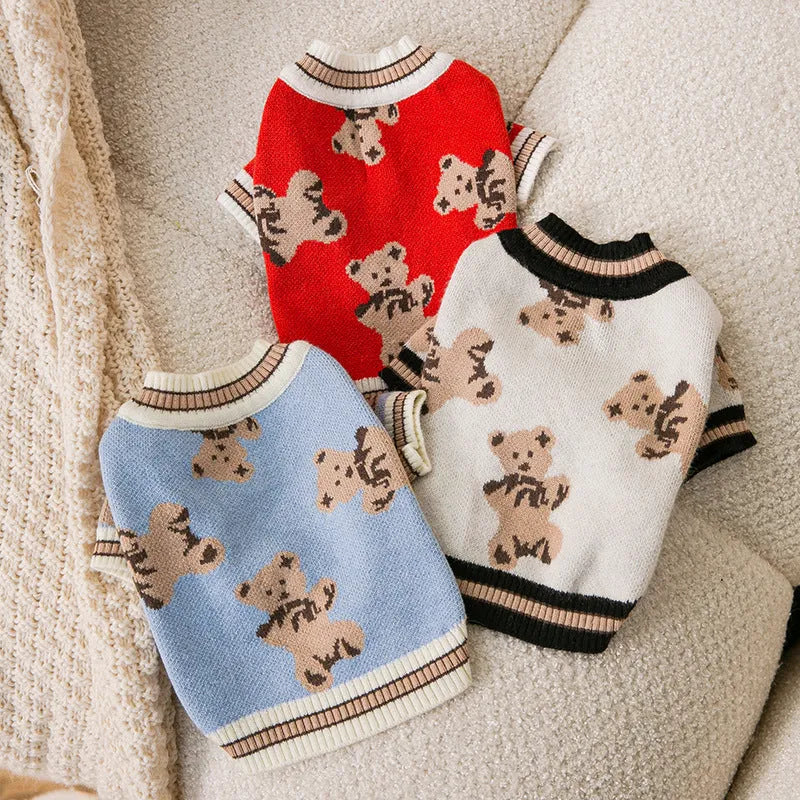 Pet dog simple warm knitted sweater in wrapped heart yarn, showing size options from XS to XL and colours Beige Bear Black Blue Bear Grey Red Bear