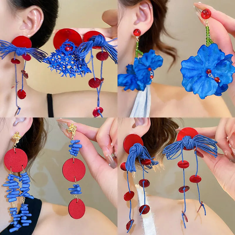 Handcrafted women's geometric cloth earrings with blue resin flower decoration in 30 Silver Needle colour
