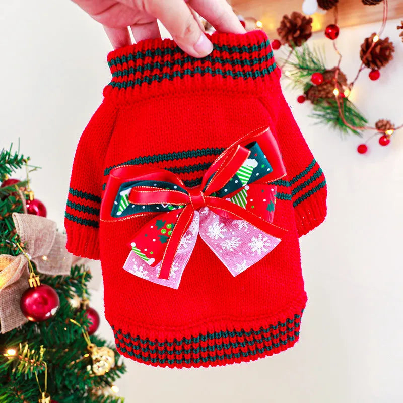Red or green polyester knit Christmas sweater for small to medium dogs and cats on a festive background