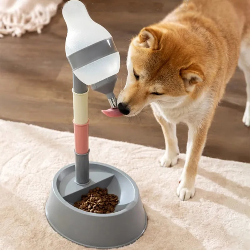Green adjustable-height standing water dispenser for pets with a detachable pole and separate bowl.