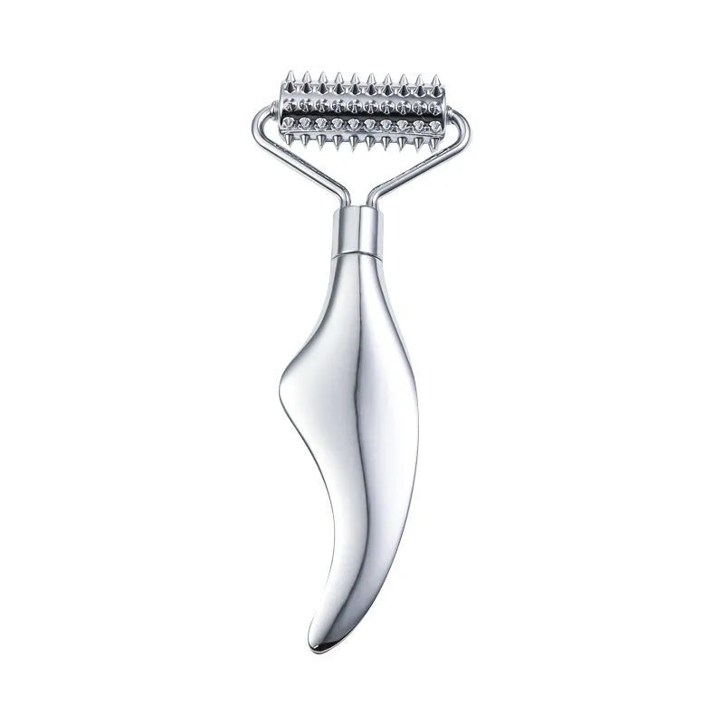 Stainless steel facial massage set with double-headed roller and heart-shaped scraping plate
