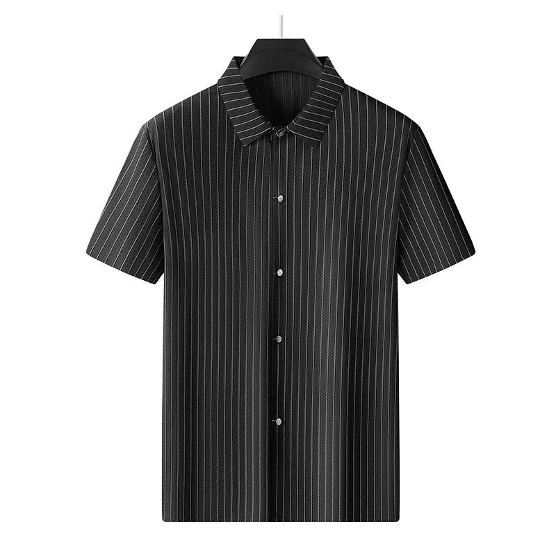 Men's plus size striped ice silk shirt with square collar in loose fit casual style