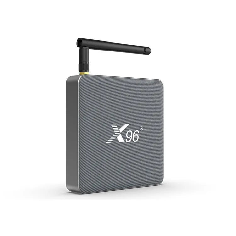 Android smart voice set-top box with remote control, HDMI cable, and dual band WiFi connectivity.