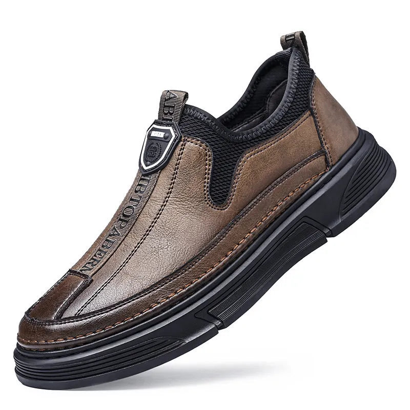Men's black and brown casual leather shoes with a round toe design