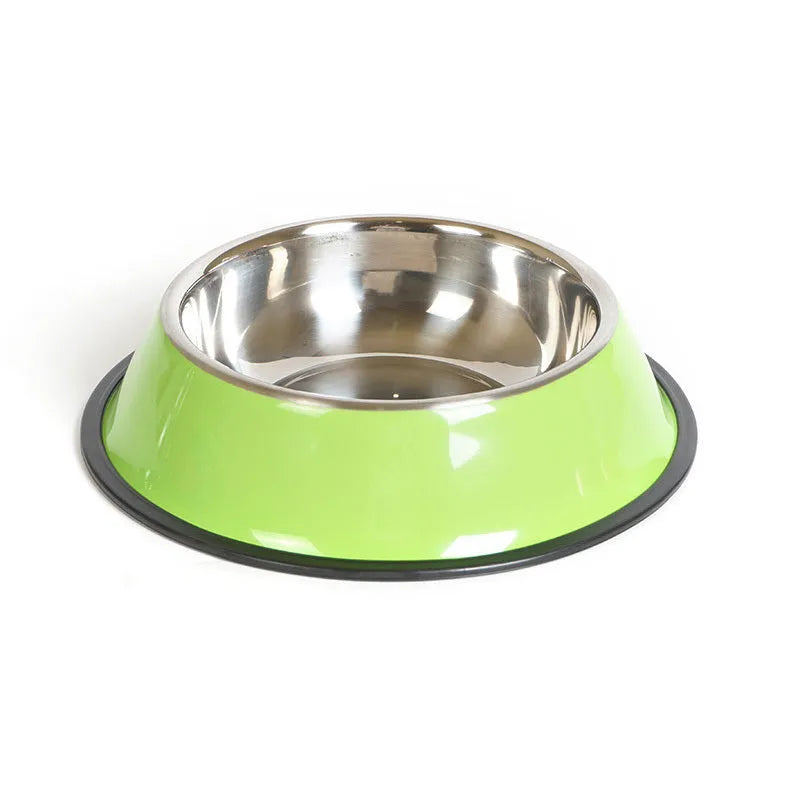 Stainless steel pet bowl with colourful melamine base and non-slip rubber ring in multiple colour options