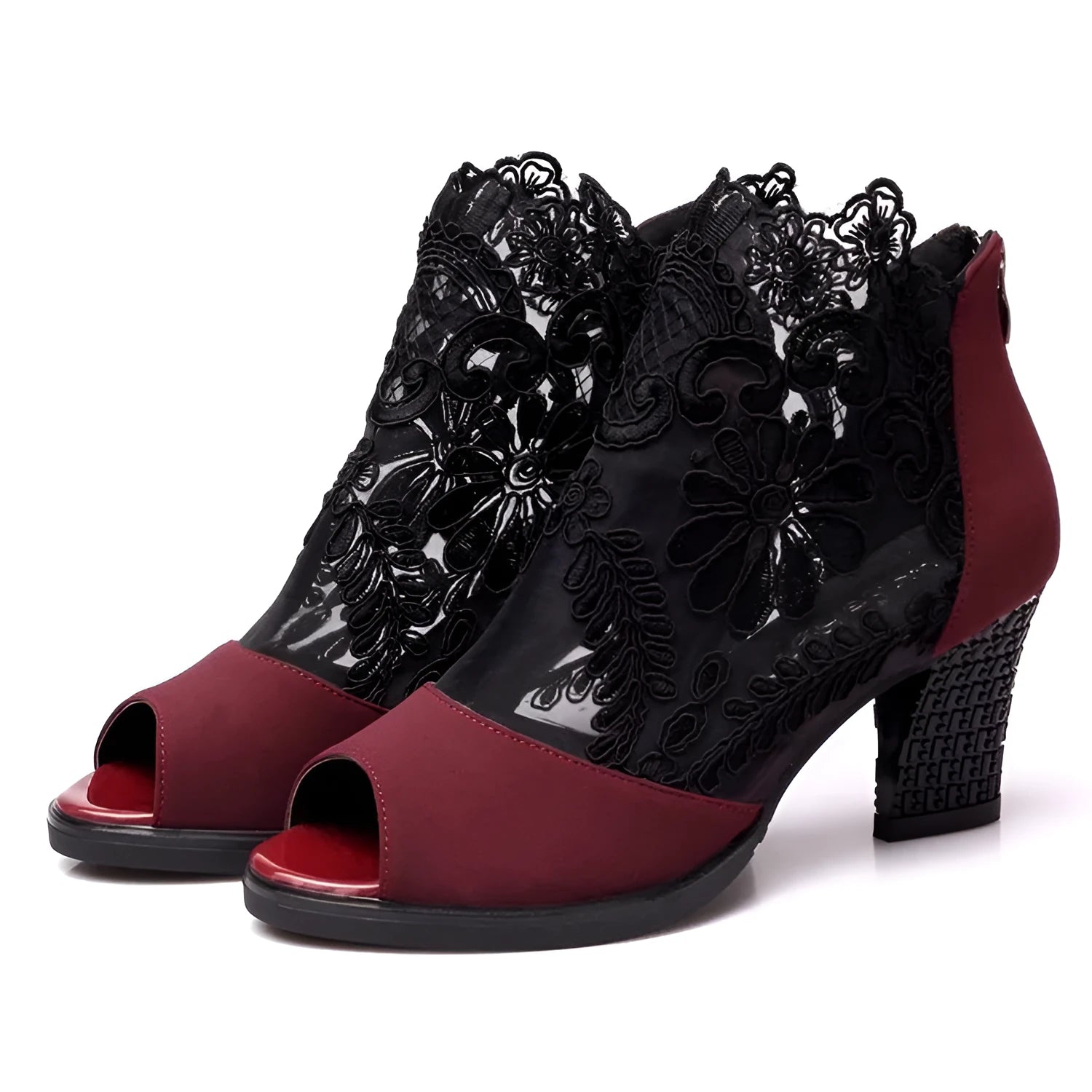Women's black lace gladiator sandals with square high heel and flower patterns