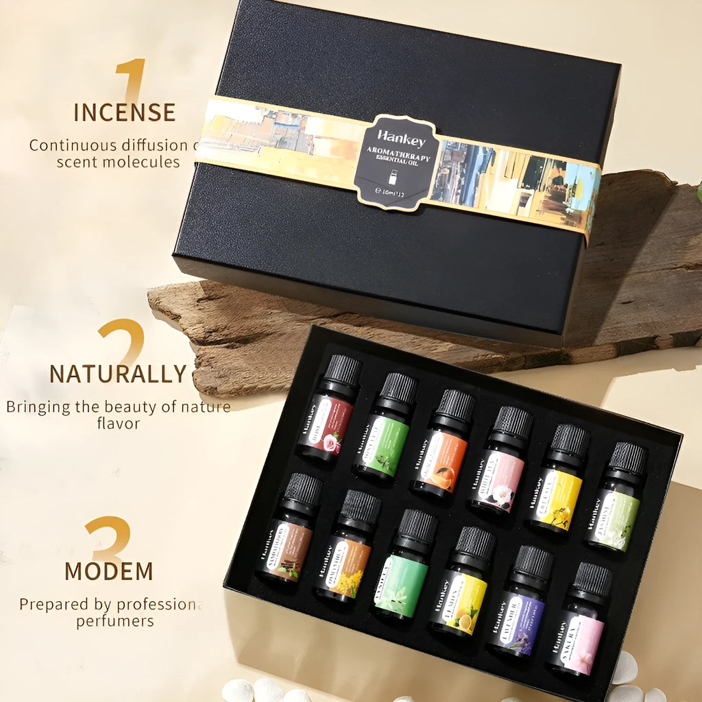 Boxed set of water-soluble aromatherapy essential oil bottles for use in diffusers and sprays