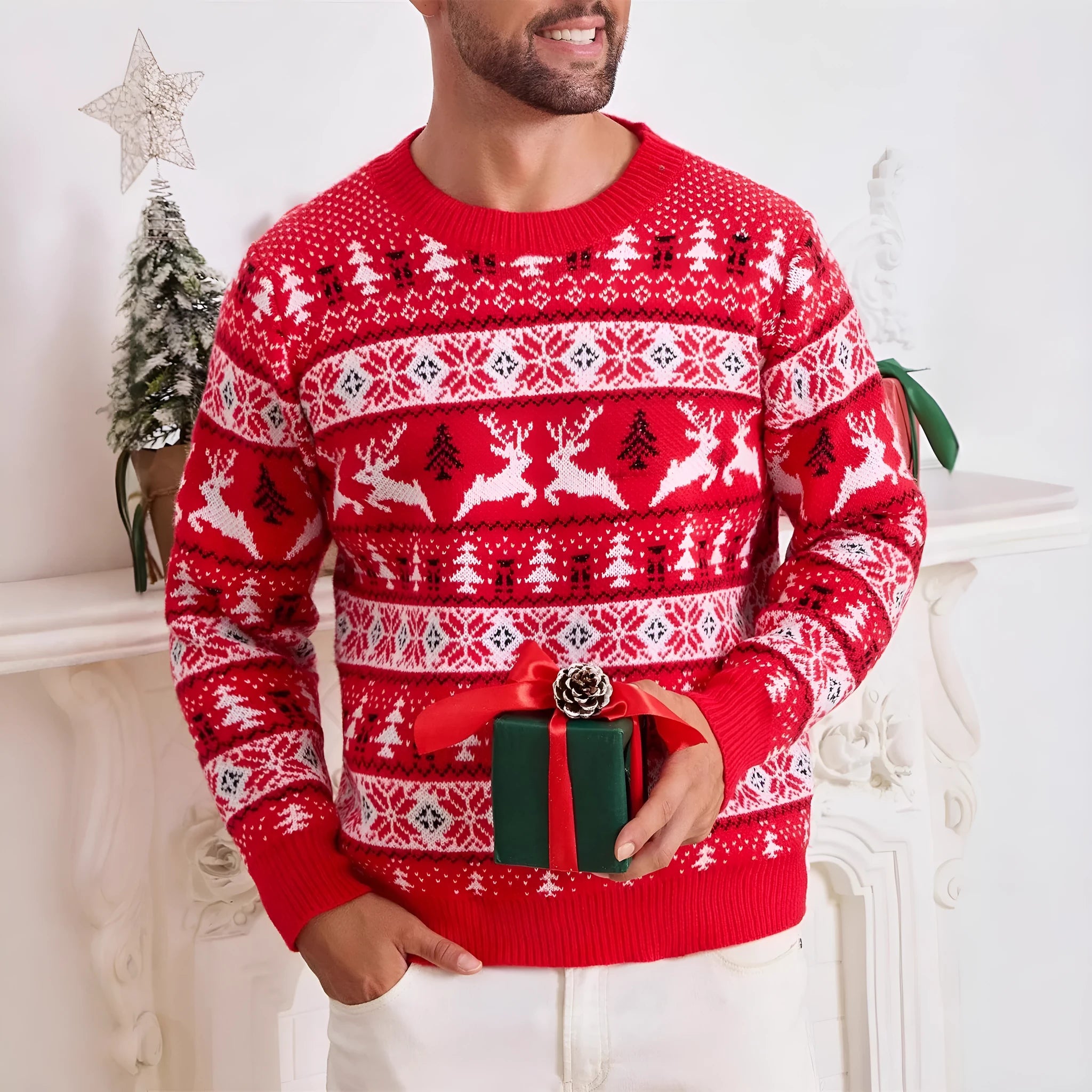 Men's red loose jacquard Christmas sweater with round neck and long sleeves on display