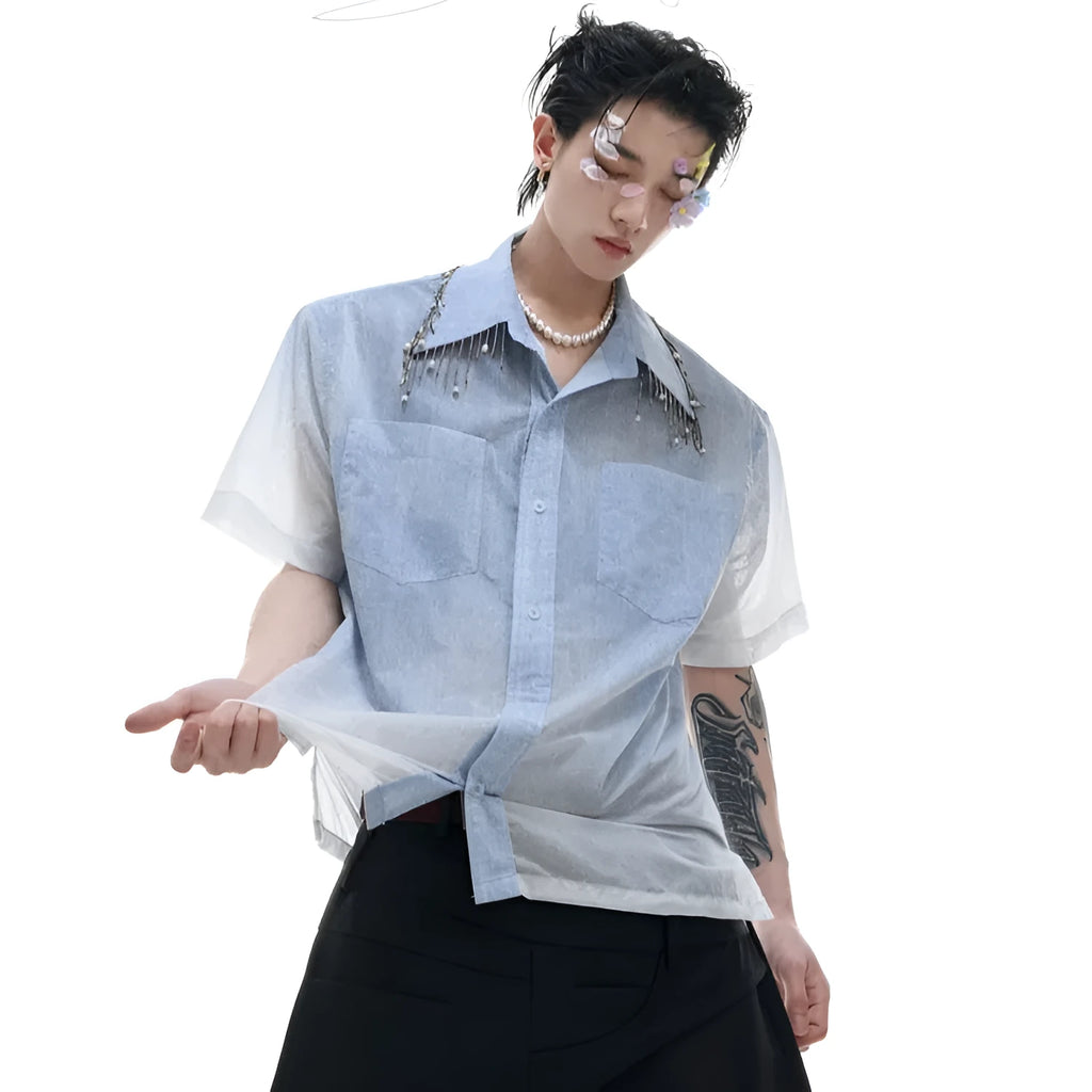 Blue loose fit men's summer shirt with half sleeves on hanger