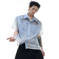 Blue loose fit men's summer shirt with half sleeves on hanger