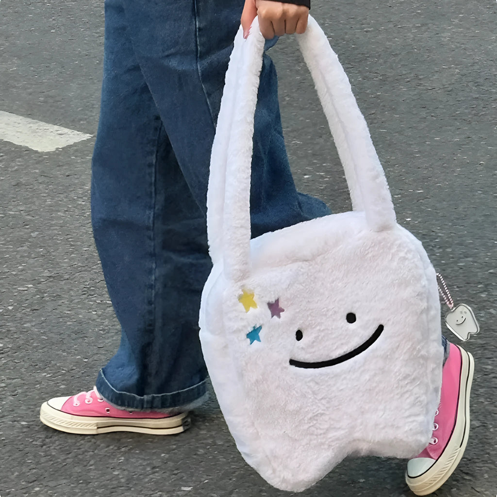 Plush large tooth shoulder tote bag with cute teeth pattern and zipper closure