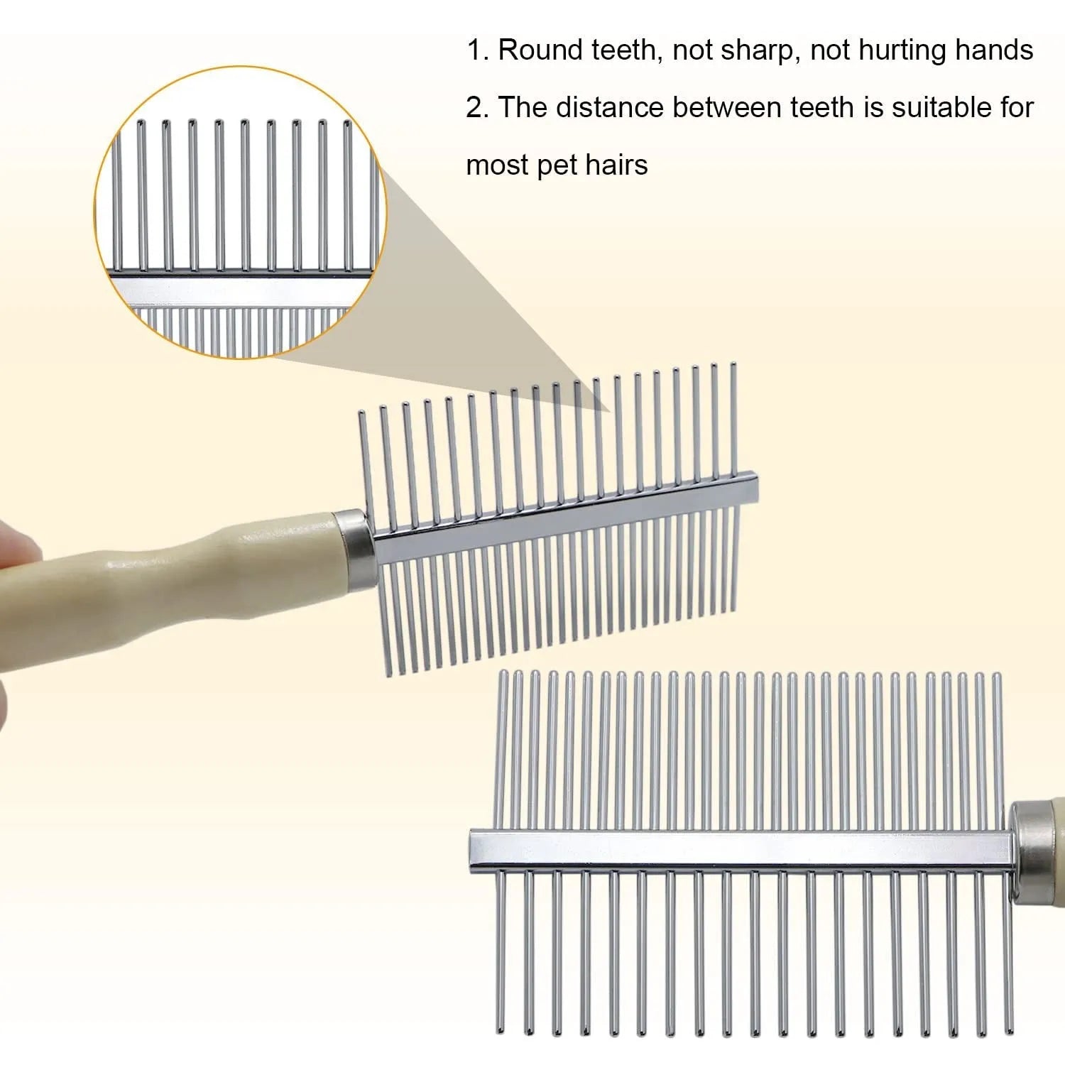 Wooden handle pet grooming comb for dogs and cats on a plain background.