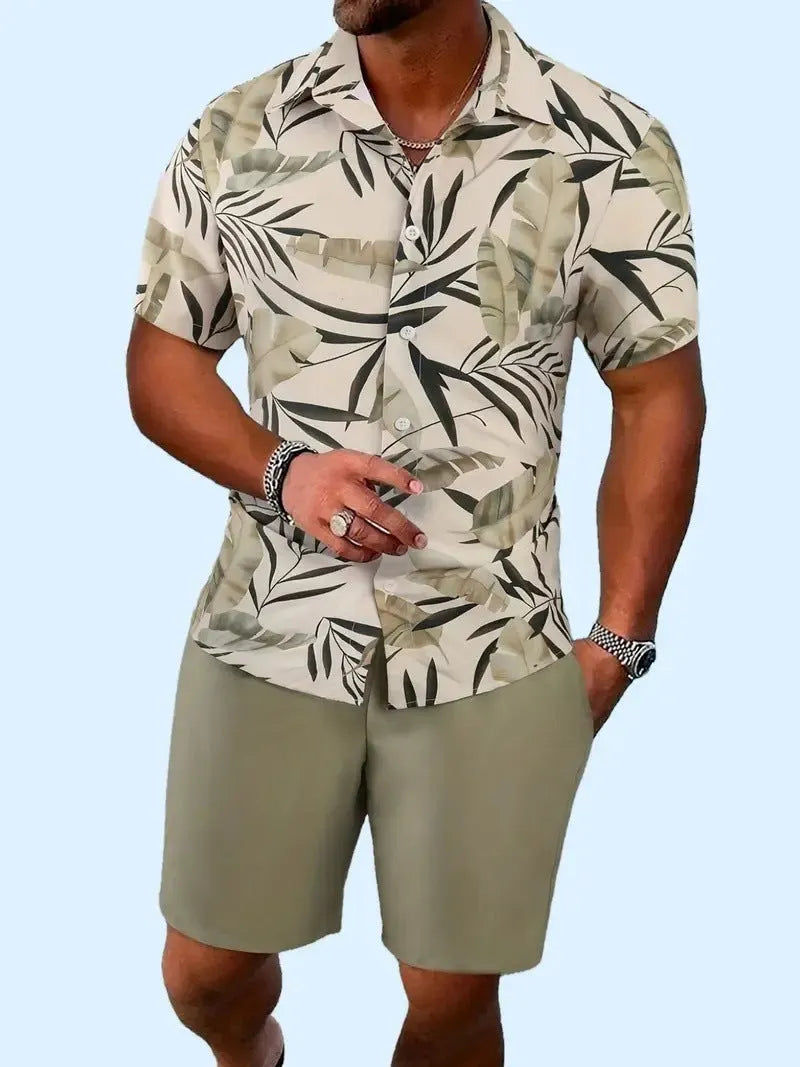 Men's Hawaiian patterned short sleeve suit with 3D print design and matching shorts