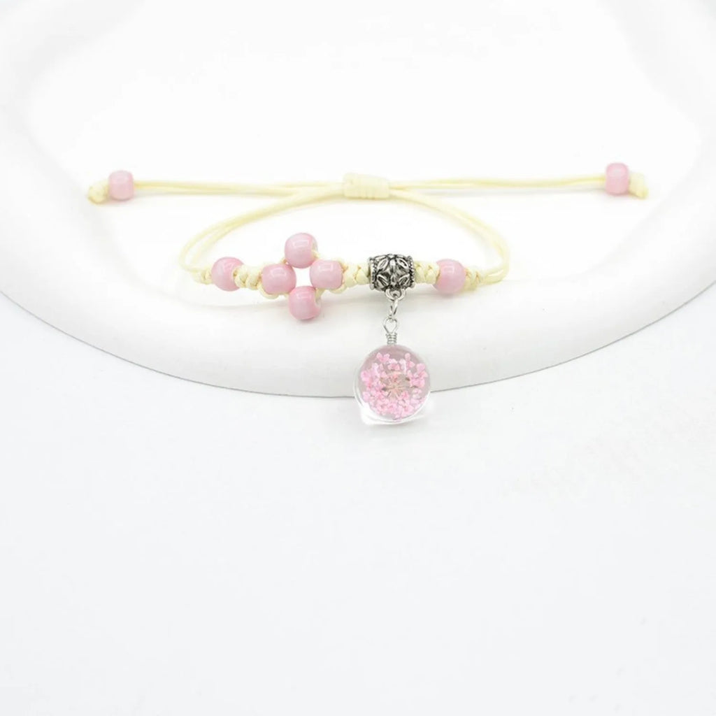 Hand-woven glass bracelet with real dried flowers inside large 1.4cm colored beads for women