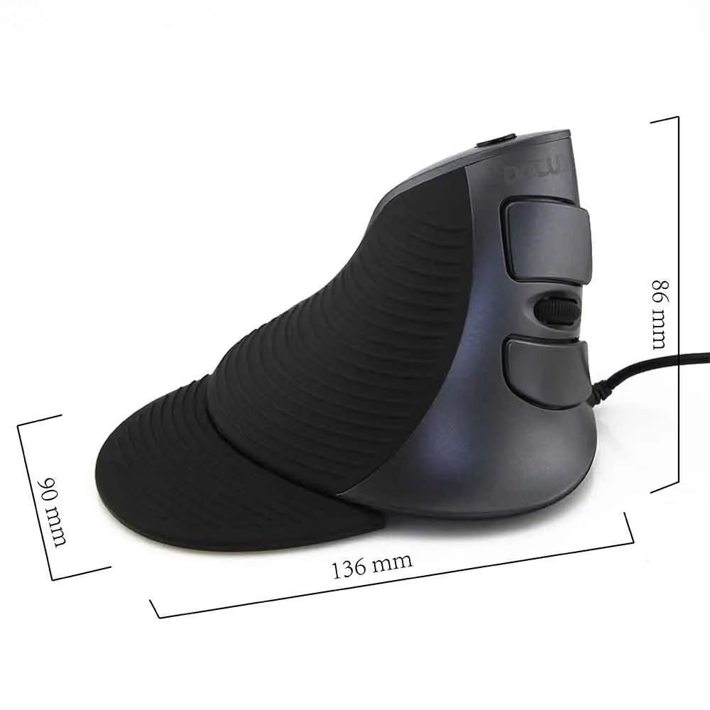 Black ergonomic vertical computer mouse showing upright design and USB cable