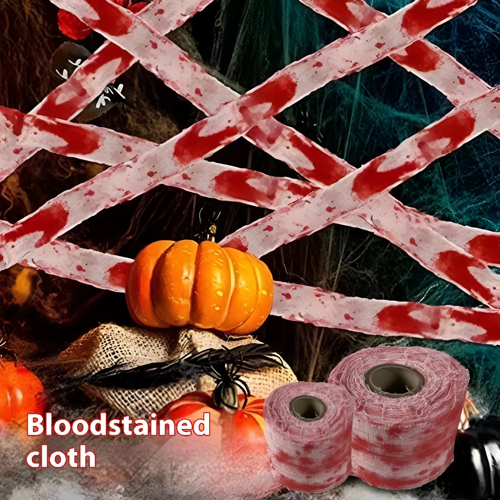 Roll of red Halloween horror gauze bandage with bloody dye effect, 8cm wide.