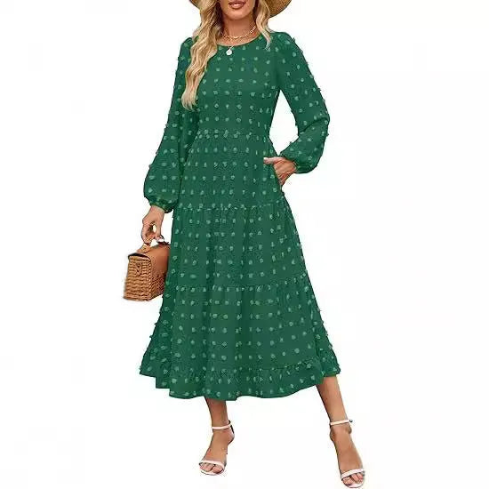 Women's long sleeve high waist casual dress with ruffled sleeves in a solid colour.