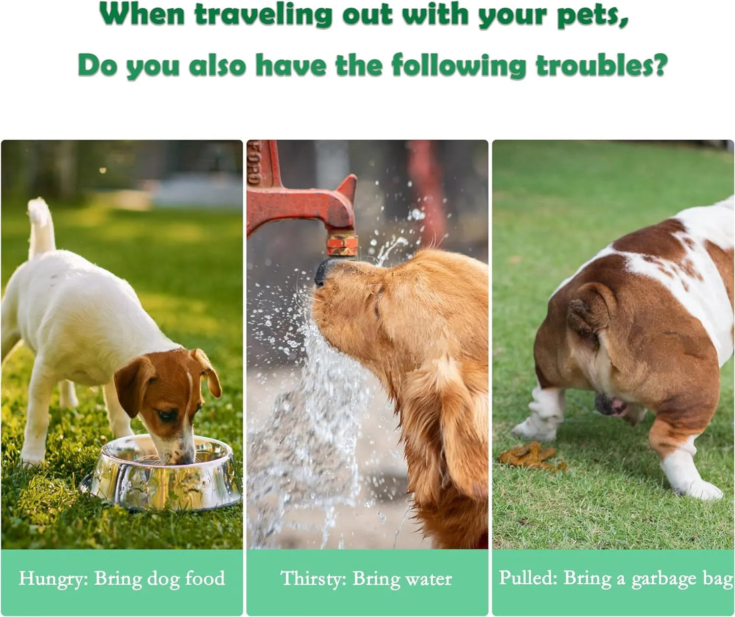 Green 3-in-1 portable pet water bottle with food container and waste bag dispenser showing rotary switch