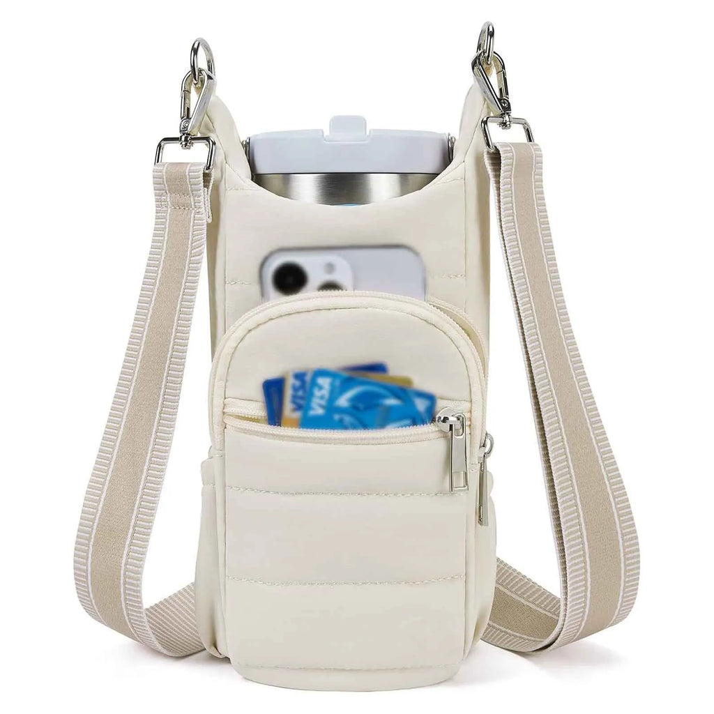 Cloth water bottle bag for bicycle frame mounting in black, pink or beige colours