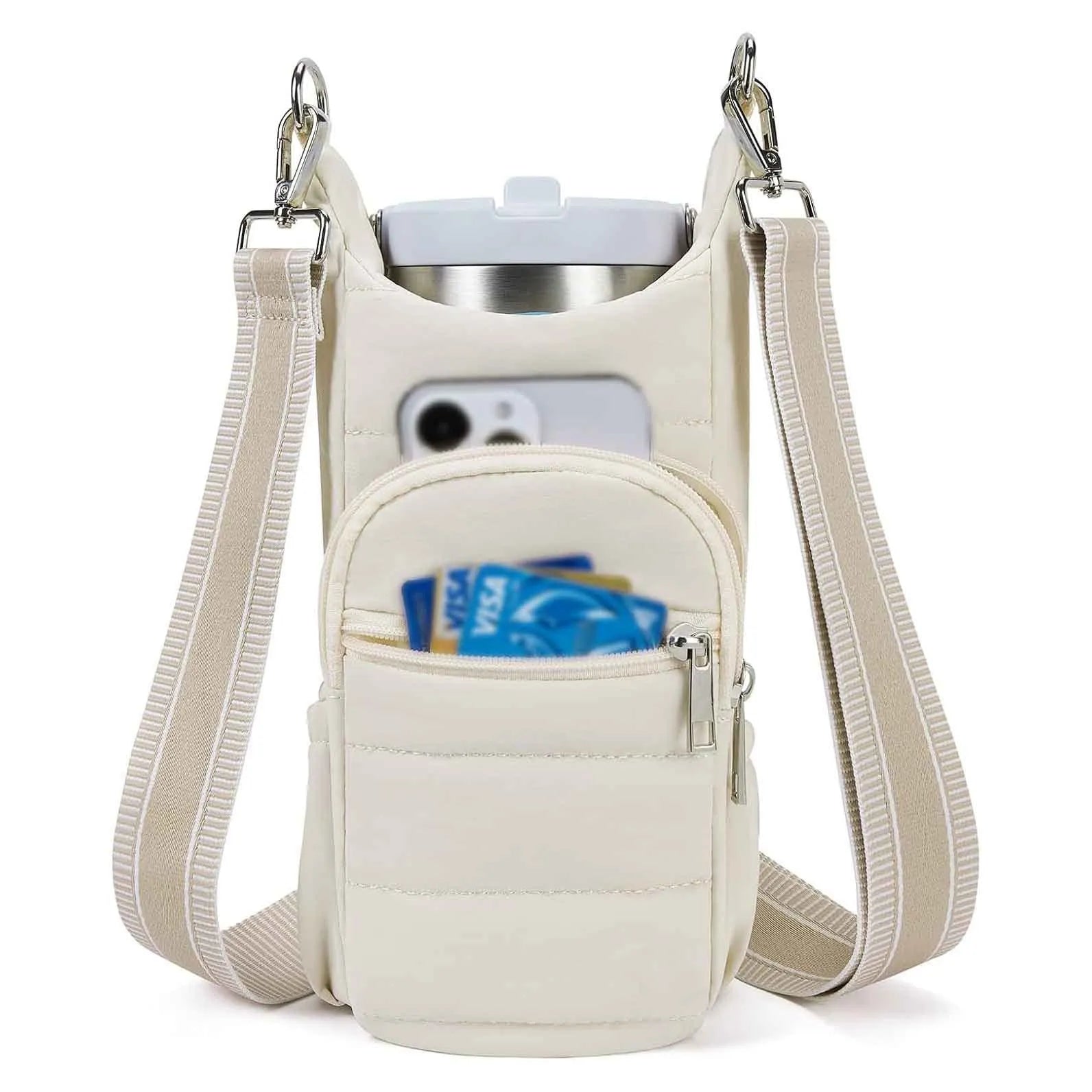 Cloth water bottle bag for bicycle frame mounting in black, pink or beige colours